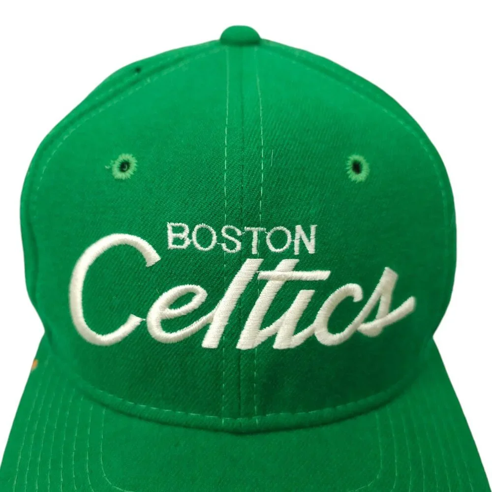 Boston Celtics Script Cap Vtg 90s READ Moth Holes Snapback Sports Specialties